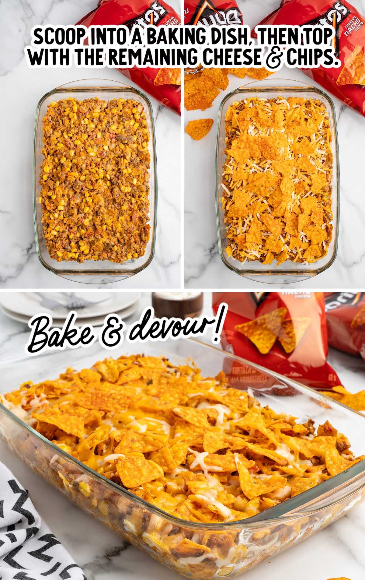 Step-by-step images showing Dorito casserole mixture in a baking dish, topped with cheese and crushed Doritos before baking.