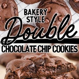overhead shot of Double Chocolate Chip Cookies on a cooling rack and close up shot of double chocolate chip cookies stacked on top of each other showing their melted chocolate inside