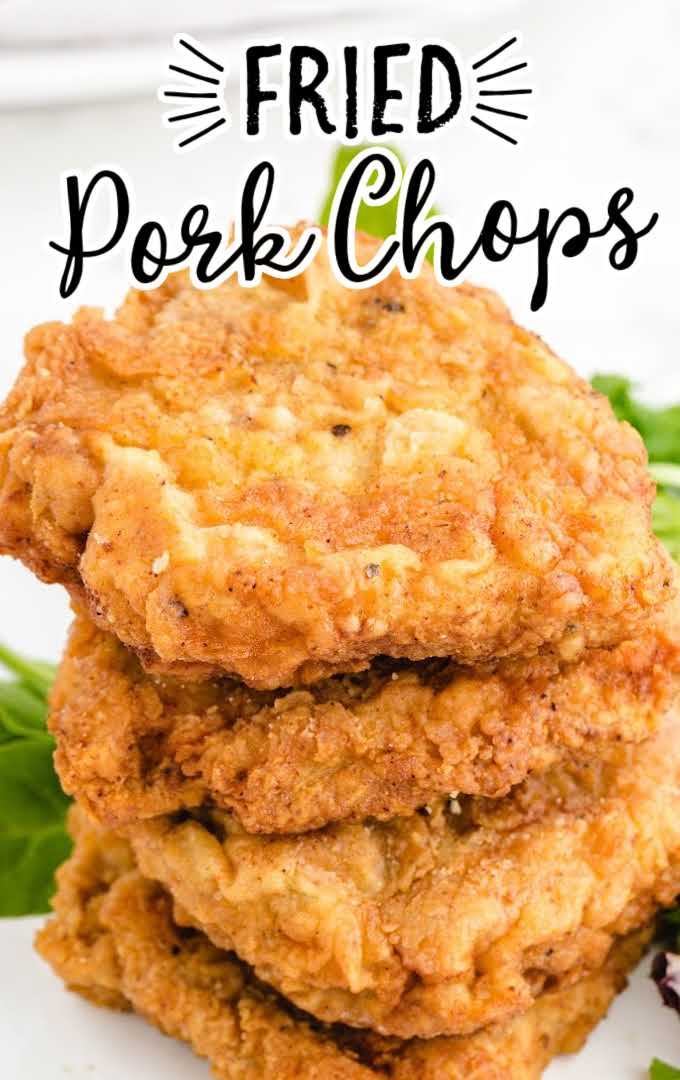 close up shot of Fried Pork Chops stacked on top of each other