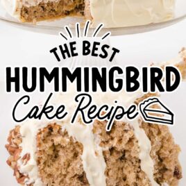 a close up shot of a slice of Hummingbird Cake on a plate and a close up shot of Hummingbird Cake on a cake stand with a slice taken out of it