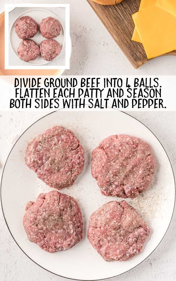 Oklahoma Fried Onion Burgers process shot of beef balls flattened into burgers and seasoned on a plate
