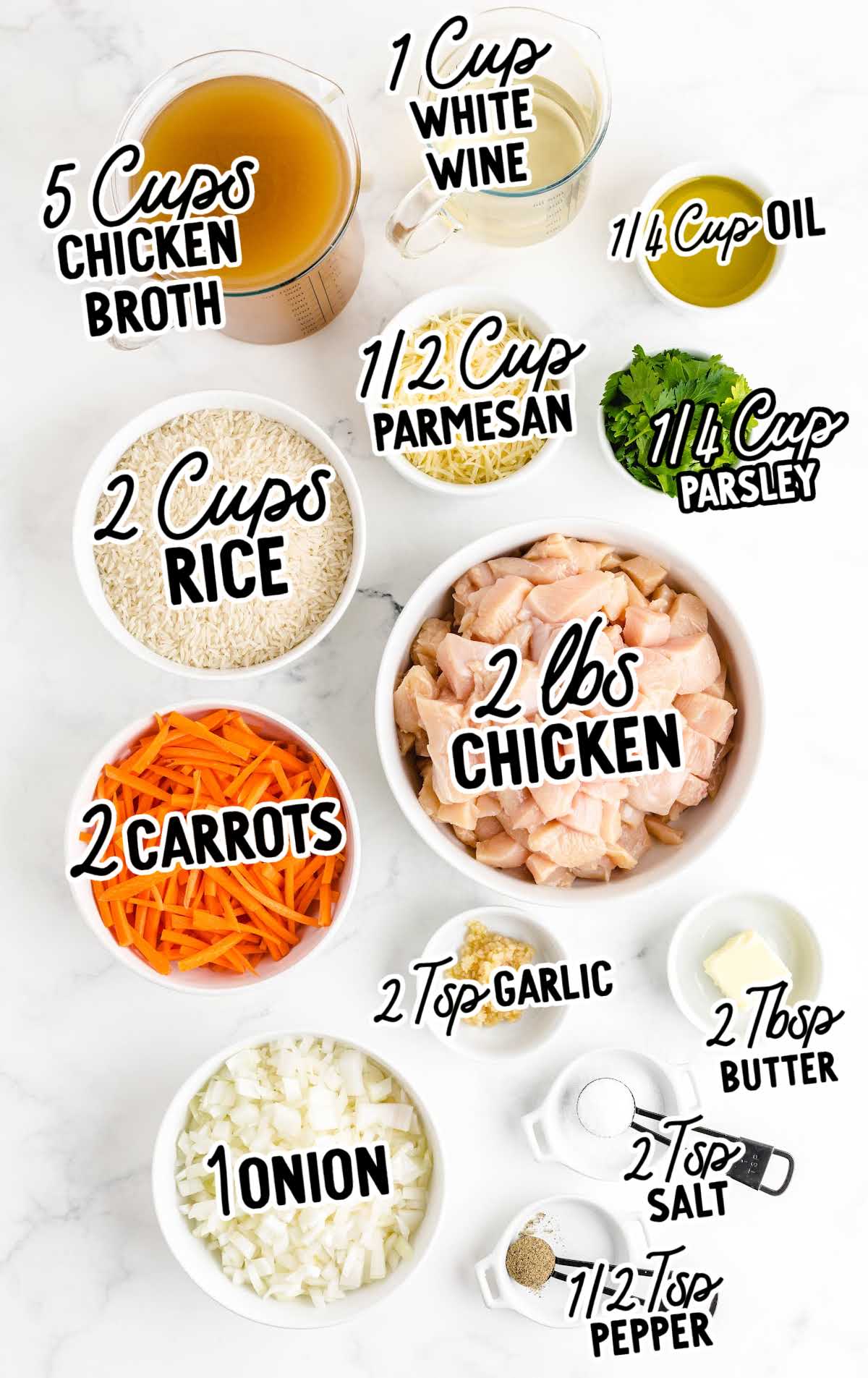 One Pot Chicken and Rice raw ingredients that are labeled