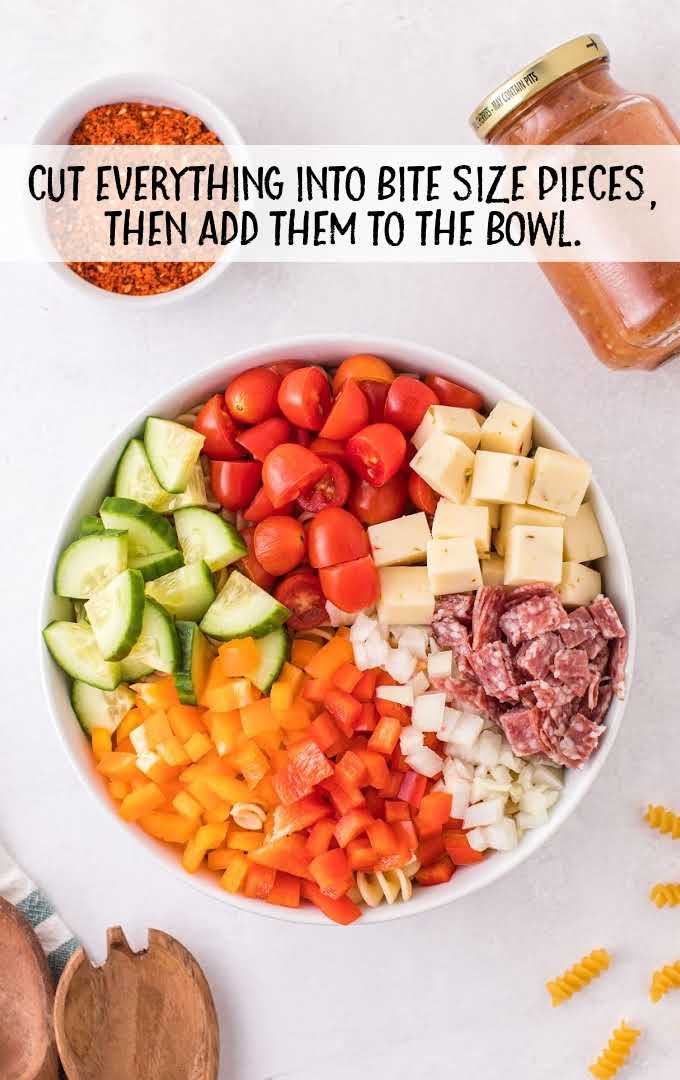 vegetables and cheese cut into bite size pieces and placed in a bowl