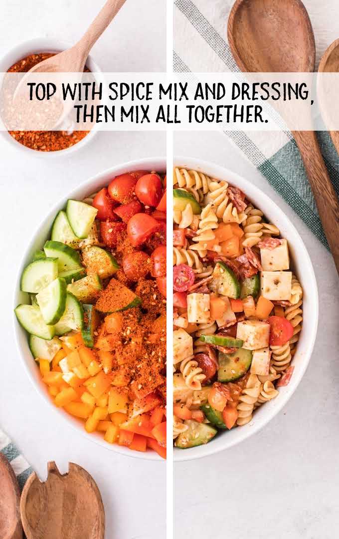 pasta salad process shot of before and after salad ingredients are combined in a bowl with spiced and dressing
