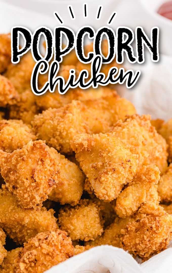 close up shot of popcorn chicken piled in a bowl