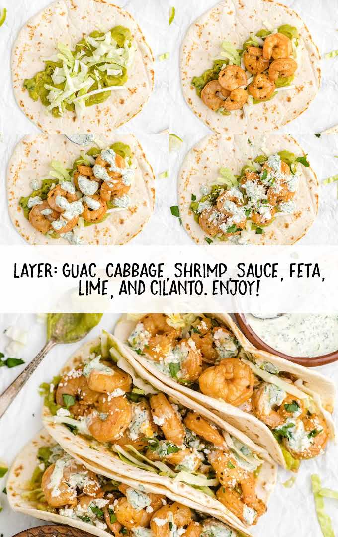 layer taco with garlic, cabbage, shrimp sauce, feta, lime, and cilantro