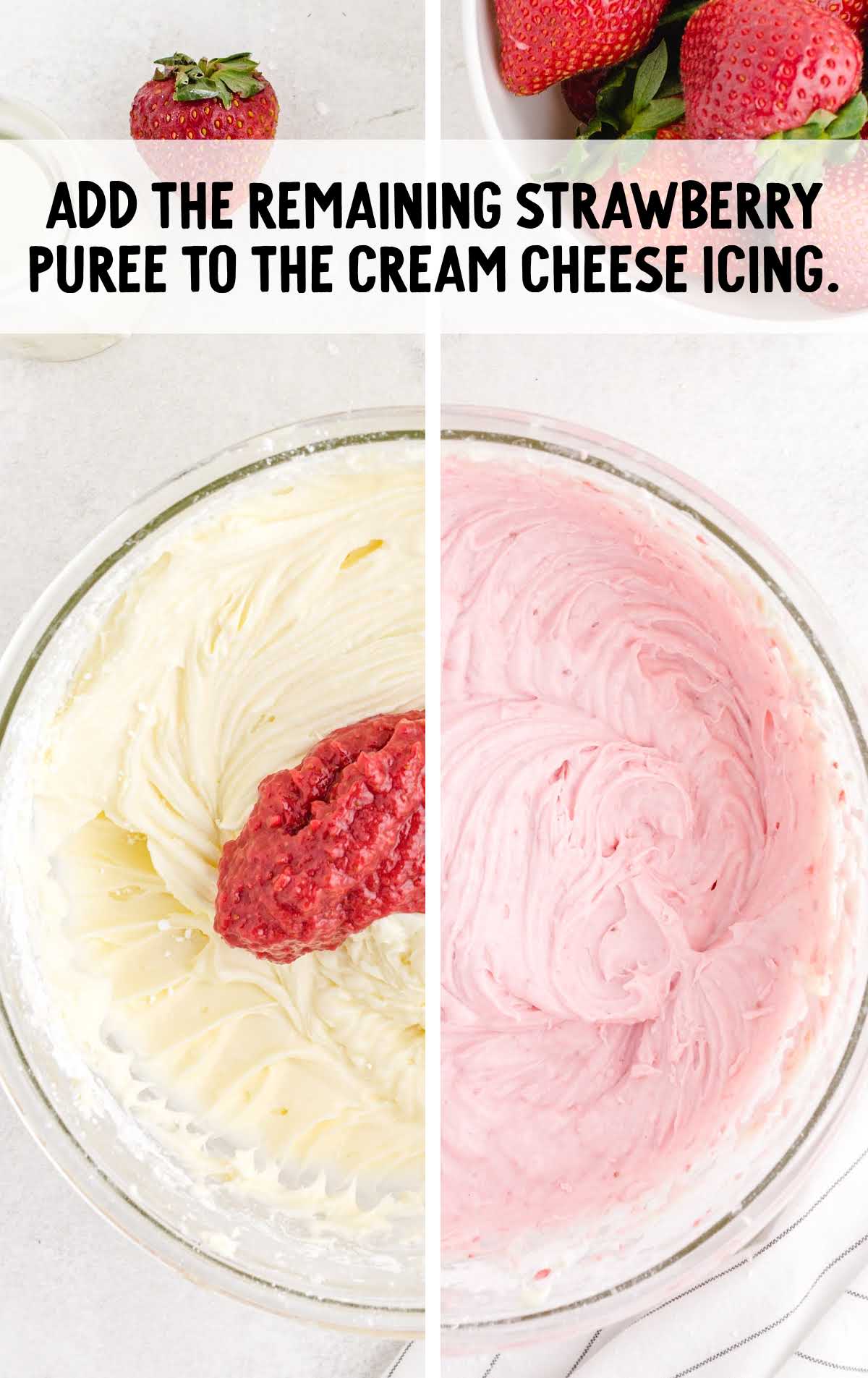 strawberry puree added to the cream cheese icing in a bowl