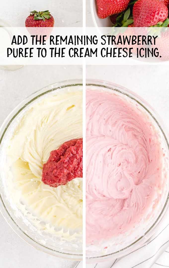 strawberry puree added to the cream cheese icing in a bowl