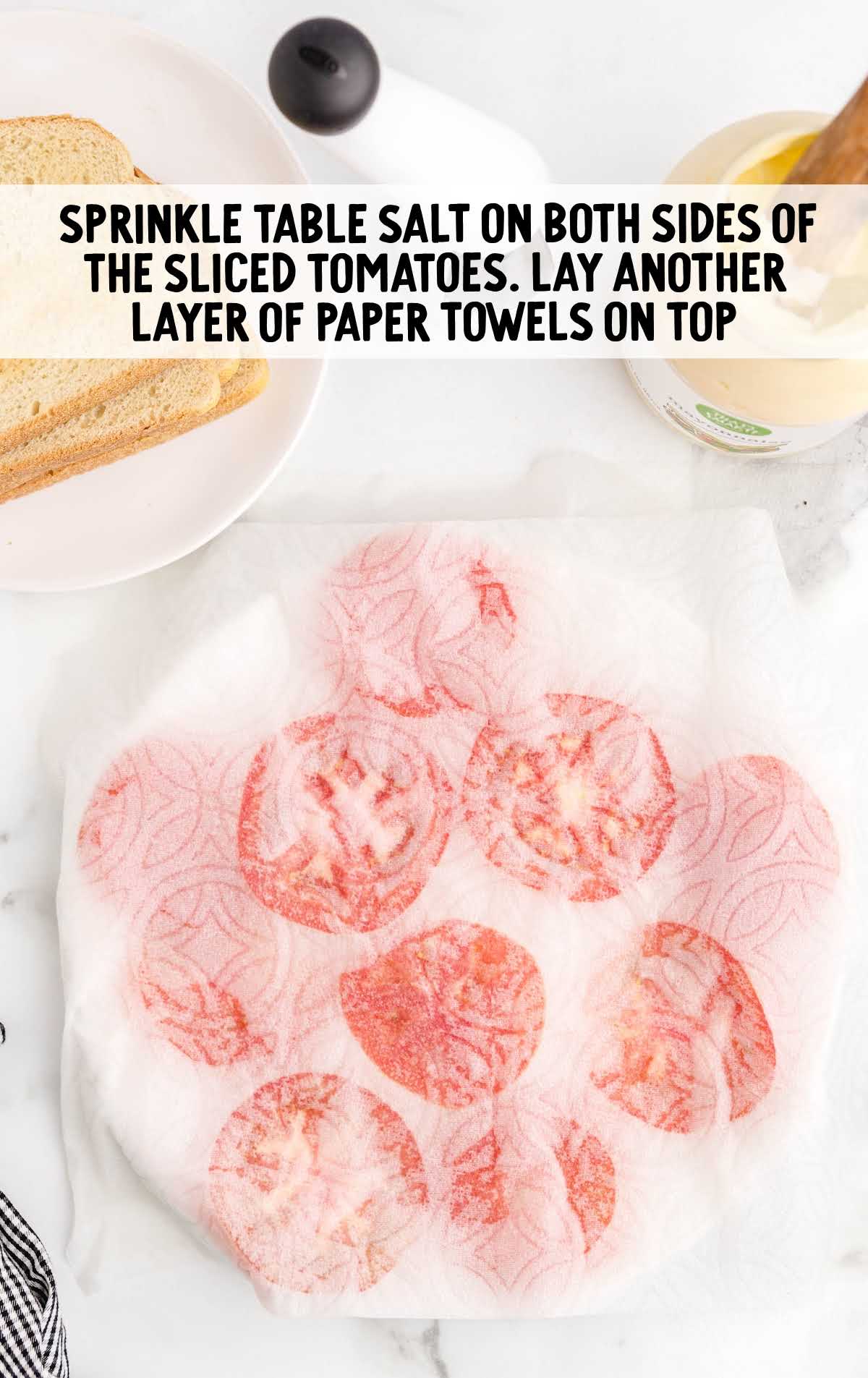 tomato sandwich process shot of tomatoes laid on a paper towel