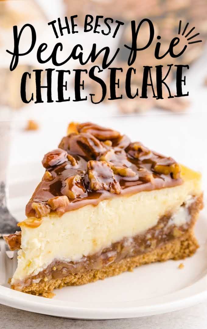 a slice of pecan pie cheesecake topped with caramel and pecans on a white plate