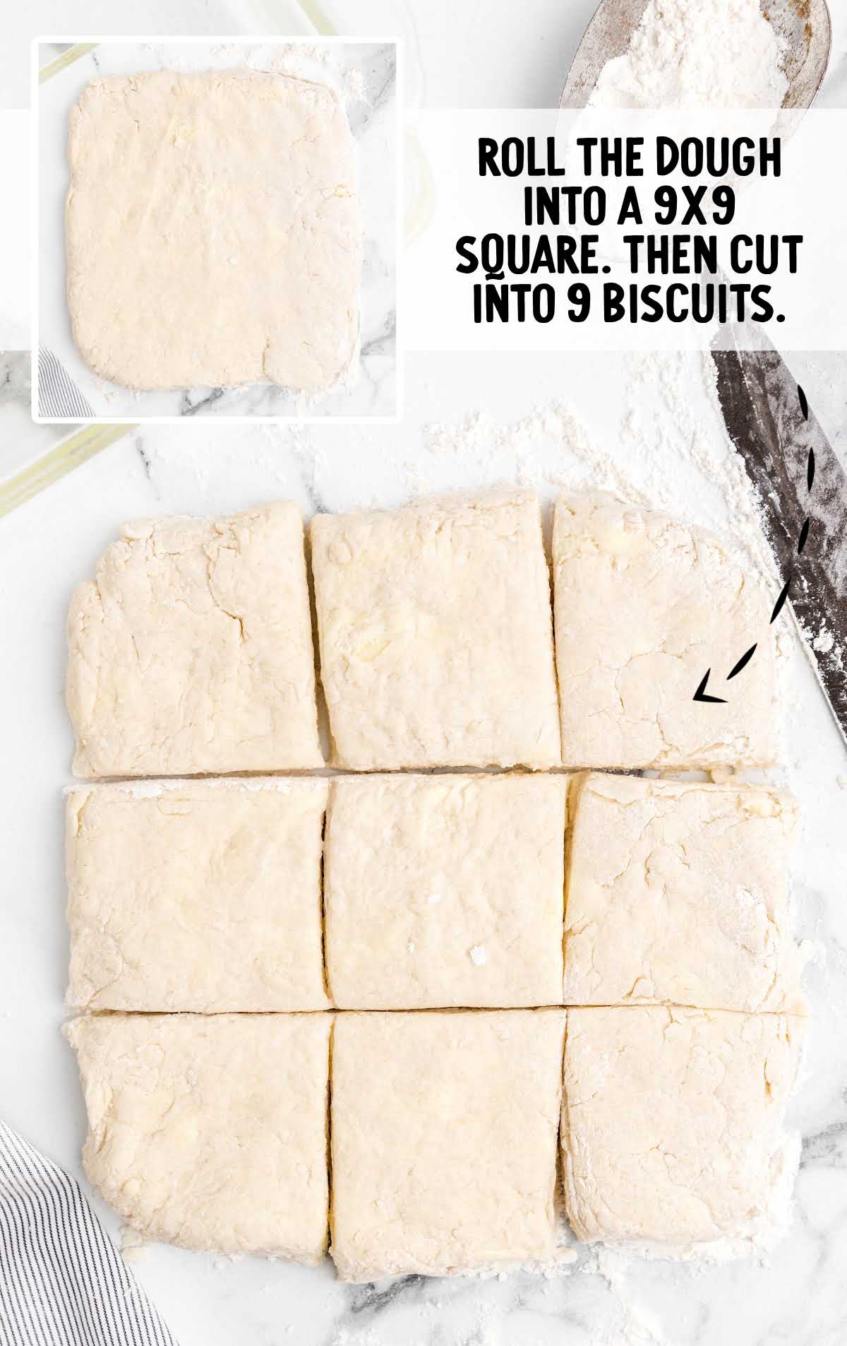 dough rolled into squares and then cut into biscuits
