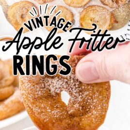 overhead shot of Apple Fritter Rings on a cutting board and a close up shot of Apple Fritter Ring dipped into apple sauce
