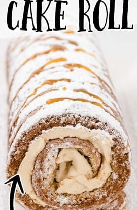 close up shot of caramel banana cake roll drizzled with caramel sauce and dusted with powdered sugar on a plate