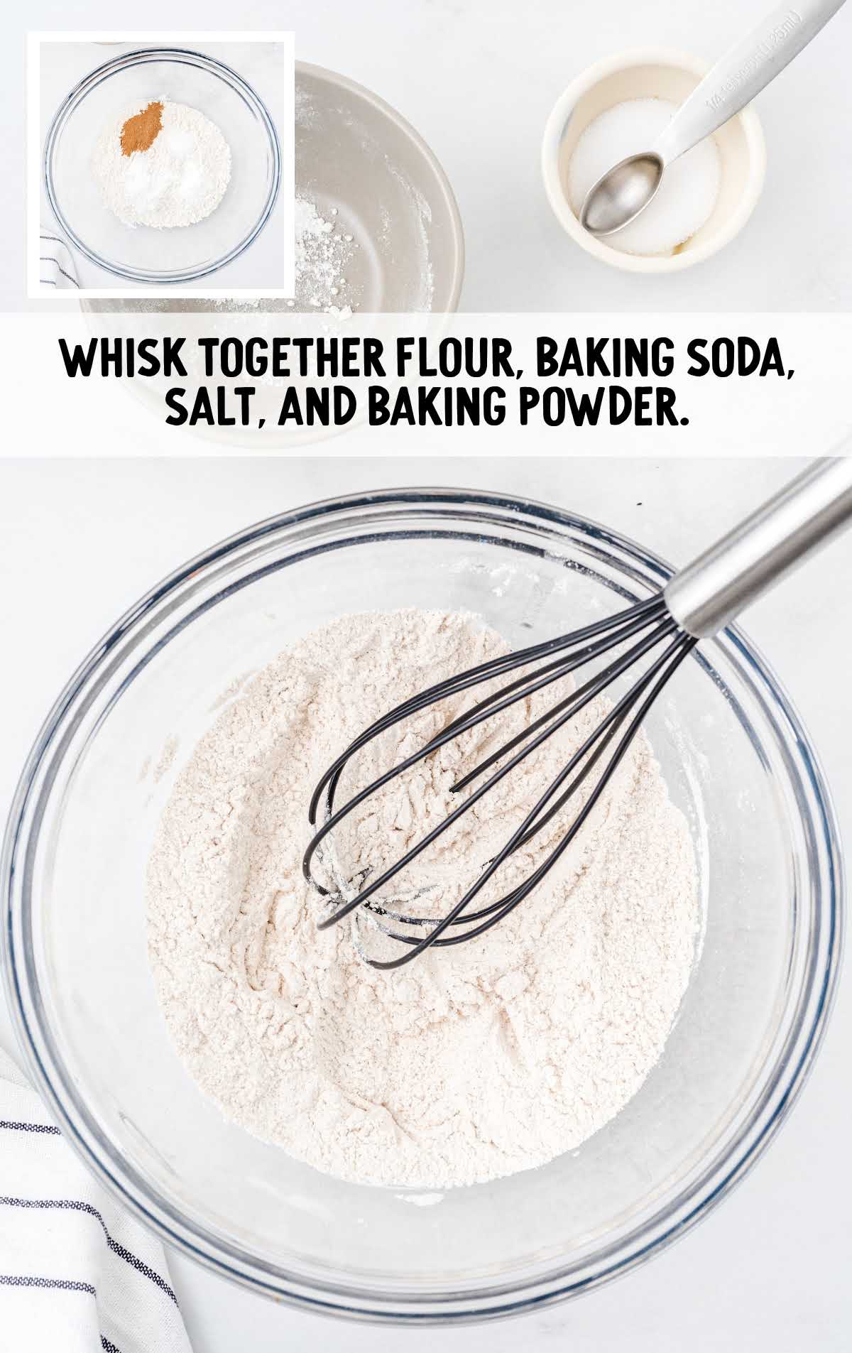 flour, baking soda, salt, and baking powder in a bowl being whisked together