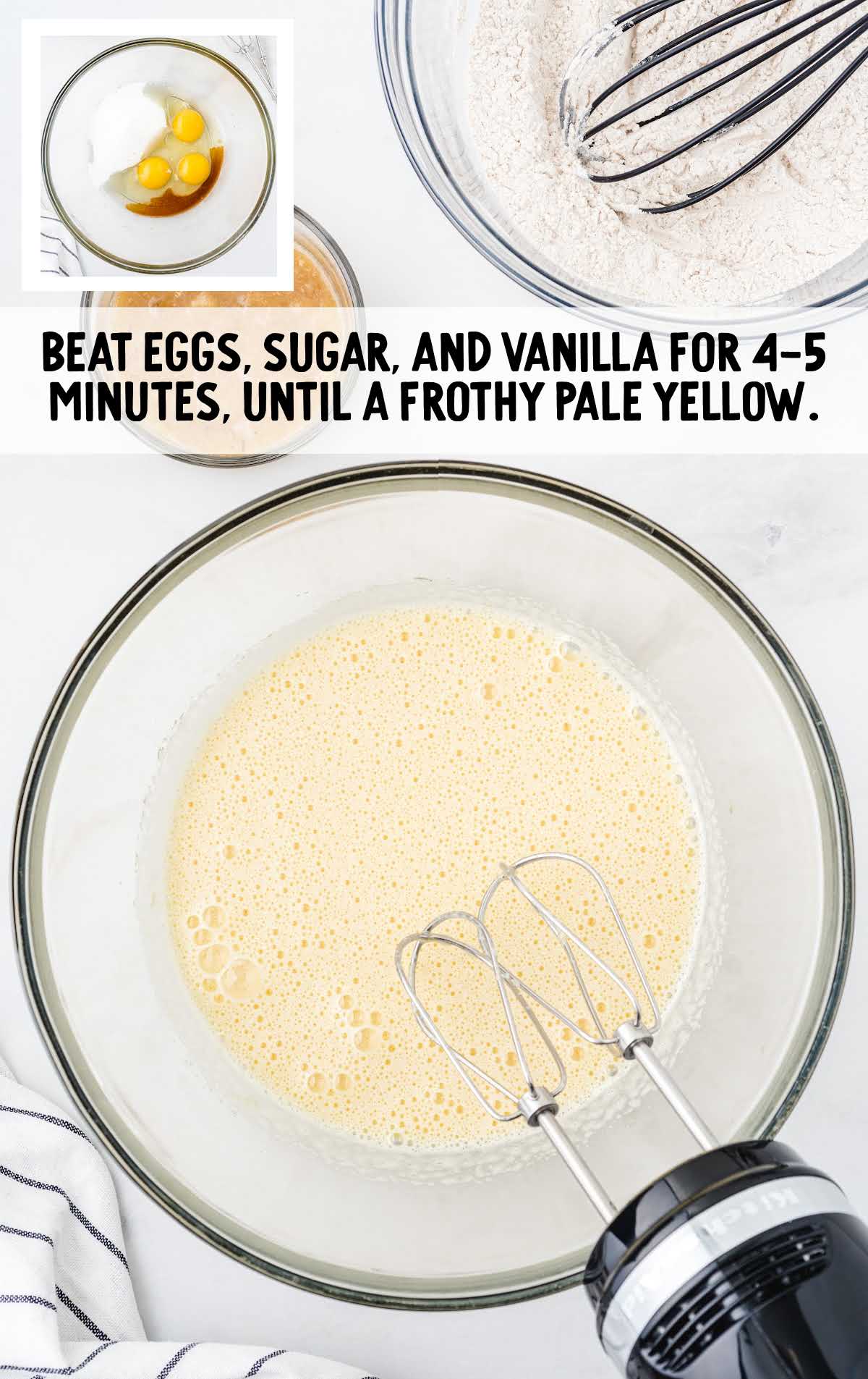 eggs, sugar, and vanilla blended in a bowl