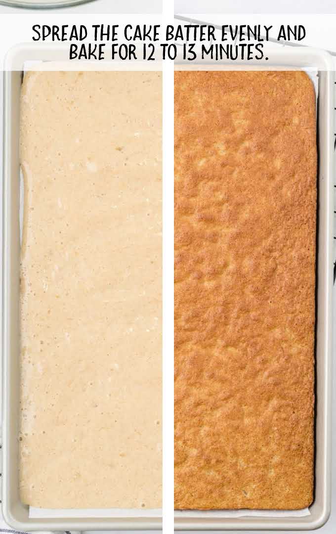 caramel banana cake roll process shot of before and after cake is baked in a pan