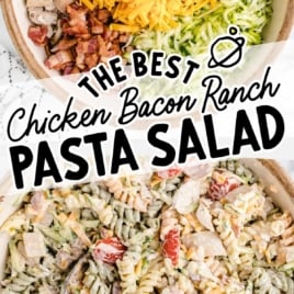 Side-by-side image of ingredients for chicken bacon ranch pasta salad and a bowl of the finished dish with text overlay.