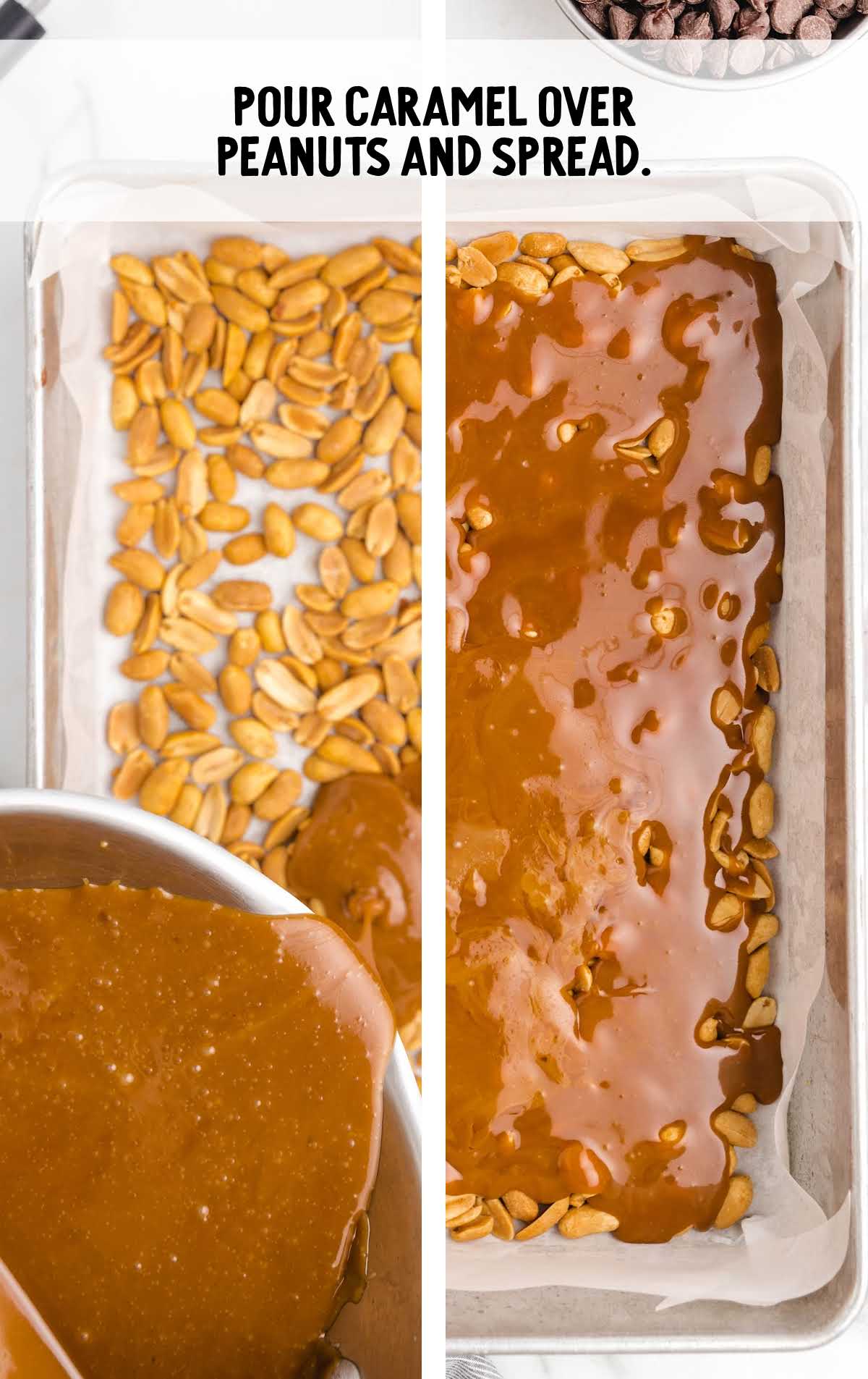 pour caramel over peanuts in a baking sheet