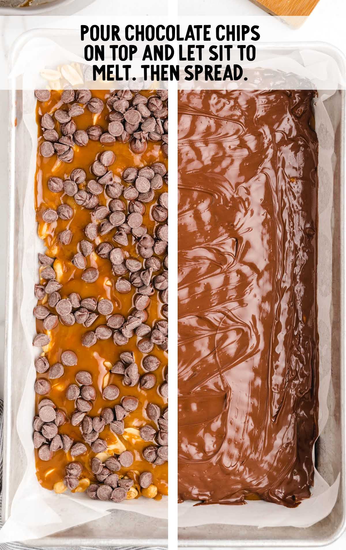 chocolate chips poured on top of the caramel