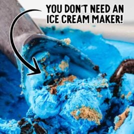 close up shot of Cookie Monster ice cream being scooped out with a ice cream scooper