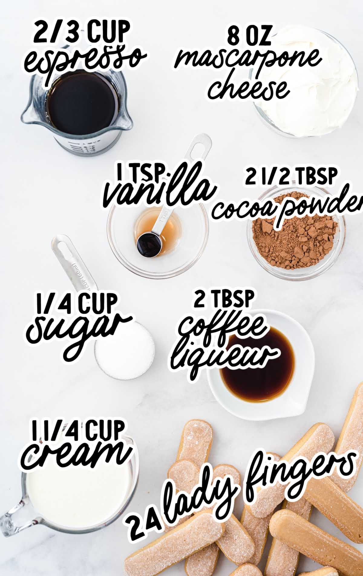 Labeled ingredients for tiramisu including mascarpone, espresso, cream, sugar, cocoa powder, and ladyfingers