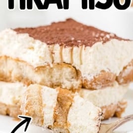 Pinterest image of tiramisu slice with text overlay reading "Incredibly Easy Homemade Tiramisu – Only Takes 15 Minutes!!!"