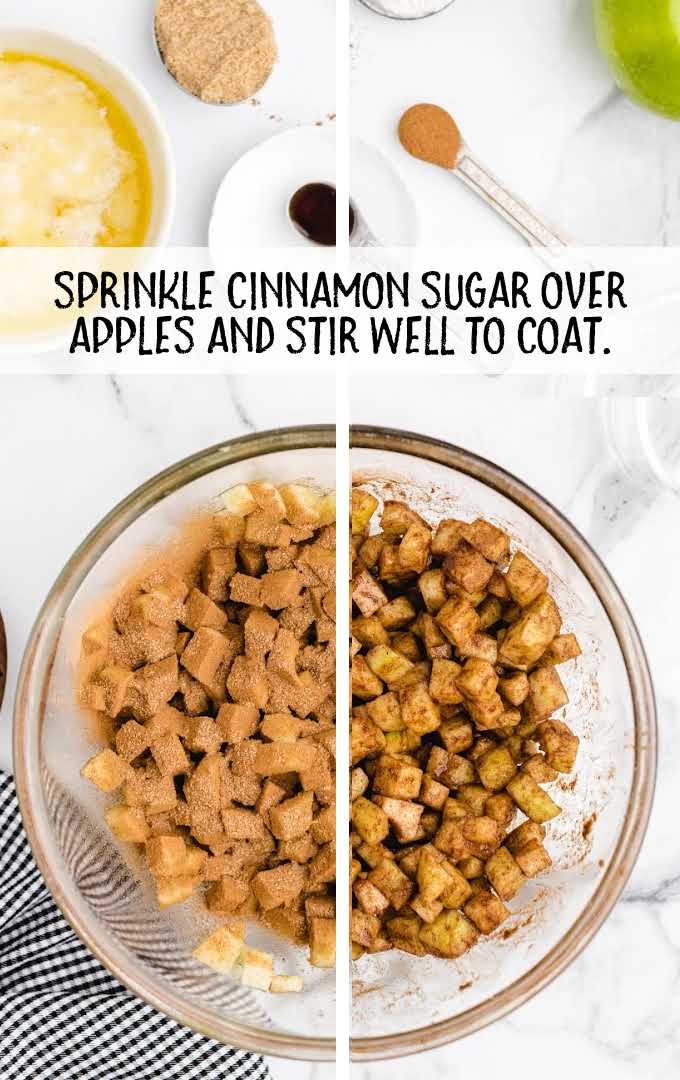 diced apple sprinkled with cinnamon and sugar in a bowl