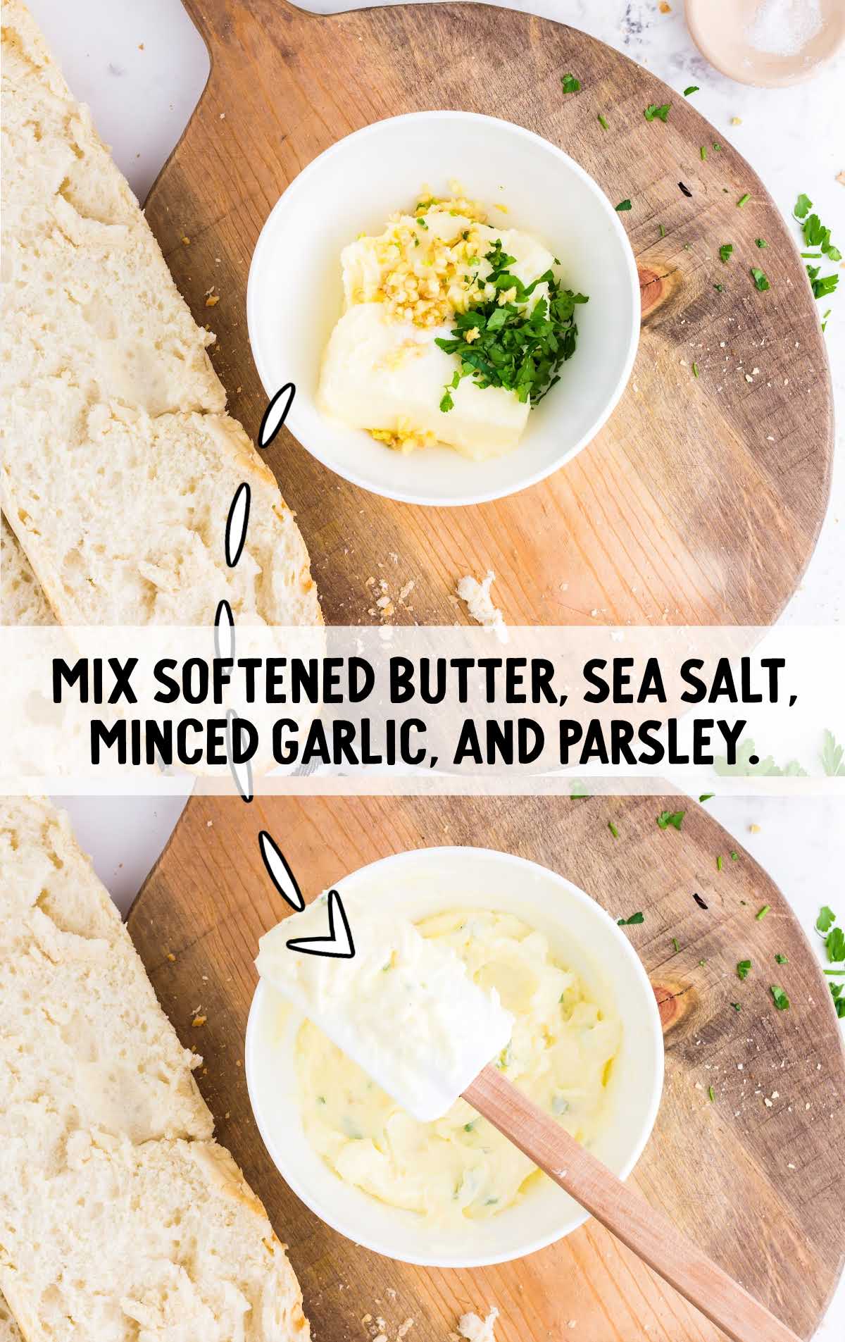 butter, sea salt, minced garlic, and parsley being combined in a bowl