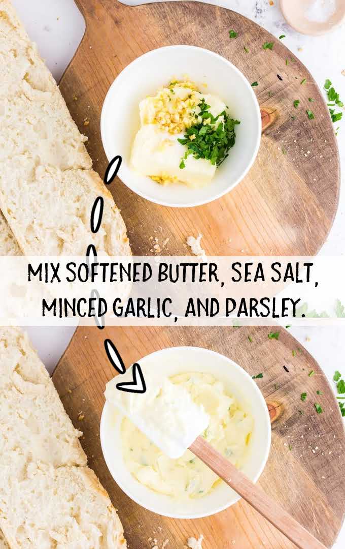 garlic bread process shot of ingredients being combined in a bowl