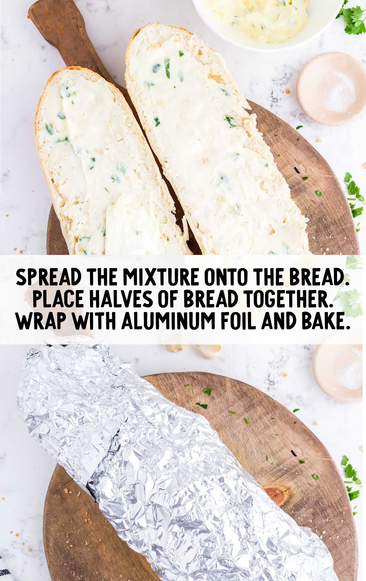 half and half mixture being spread on loaves of bread and wrapped with aluminum foil
