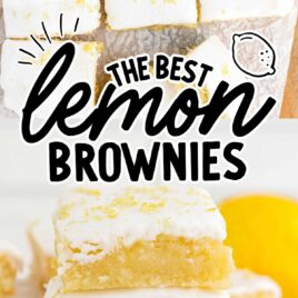 overhead shot of Lemon Brownies on a paper lined wooden board and close up shot of Lemon Brownies stacked on top of each other
