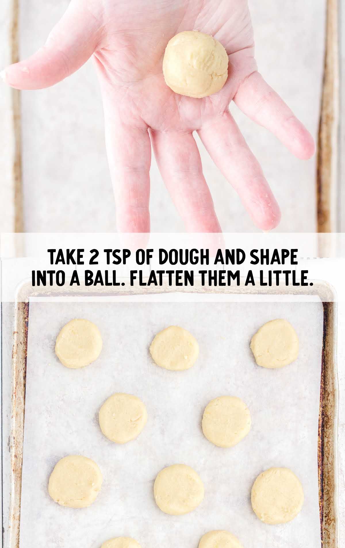 dough rolled into balls and flattened into a cookie on a sheet