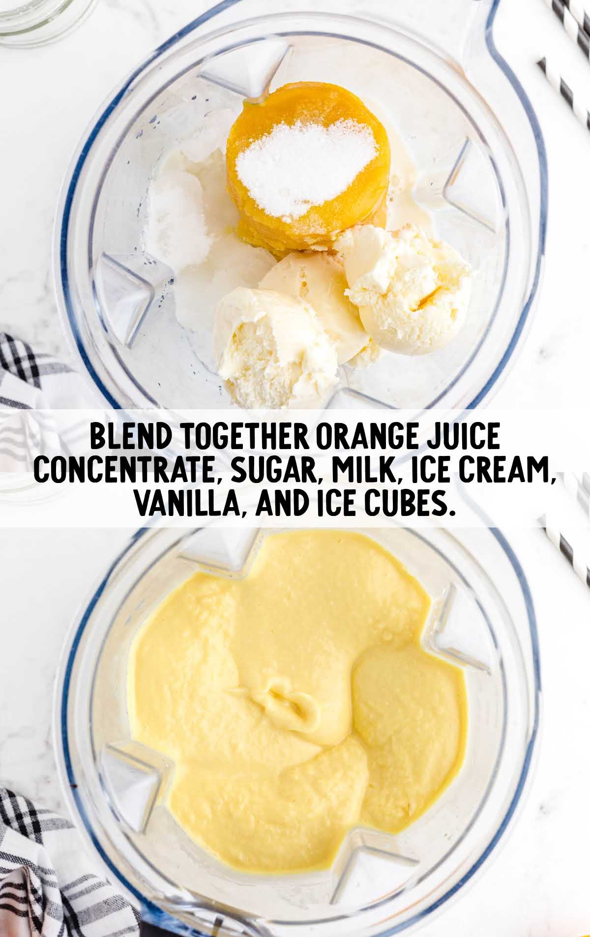 orange juice concentrate, sugar, milk, ice cream, vanilla extract, and ice cubes added to a blender
