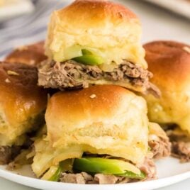 close up shot of a plate of Philly Cheesesteak Sliders