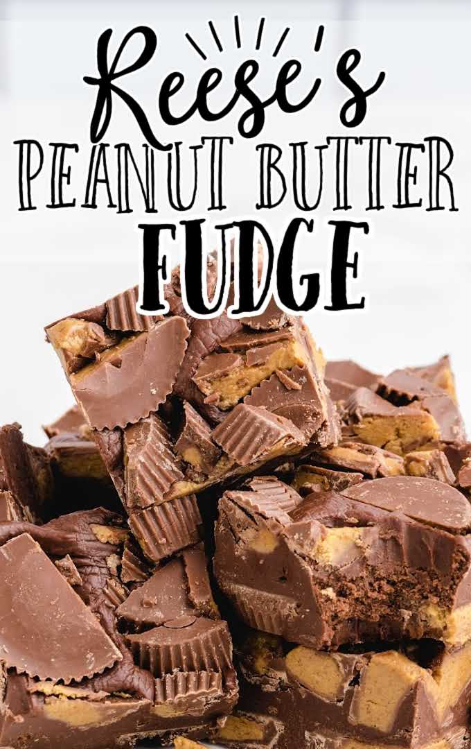 close up shot of slices of Reese’s peanut butter fudge stacked on top of each other on a white plate