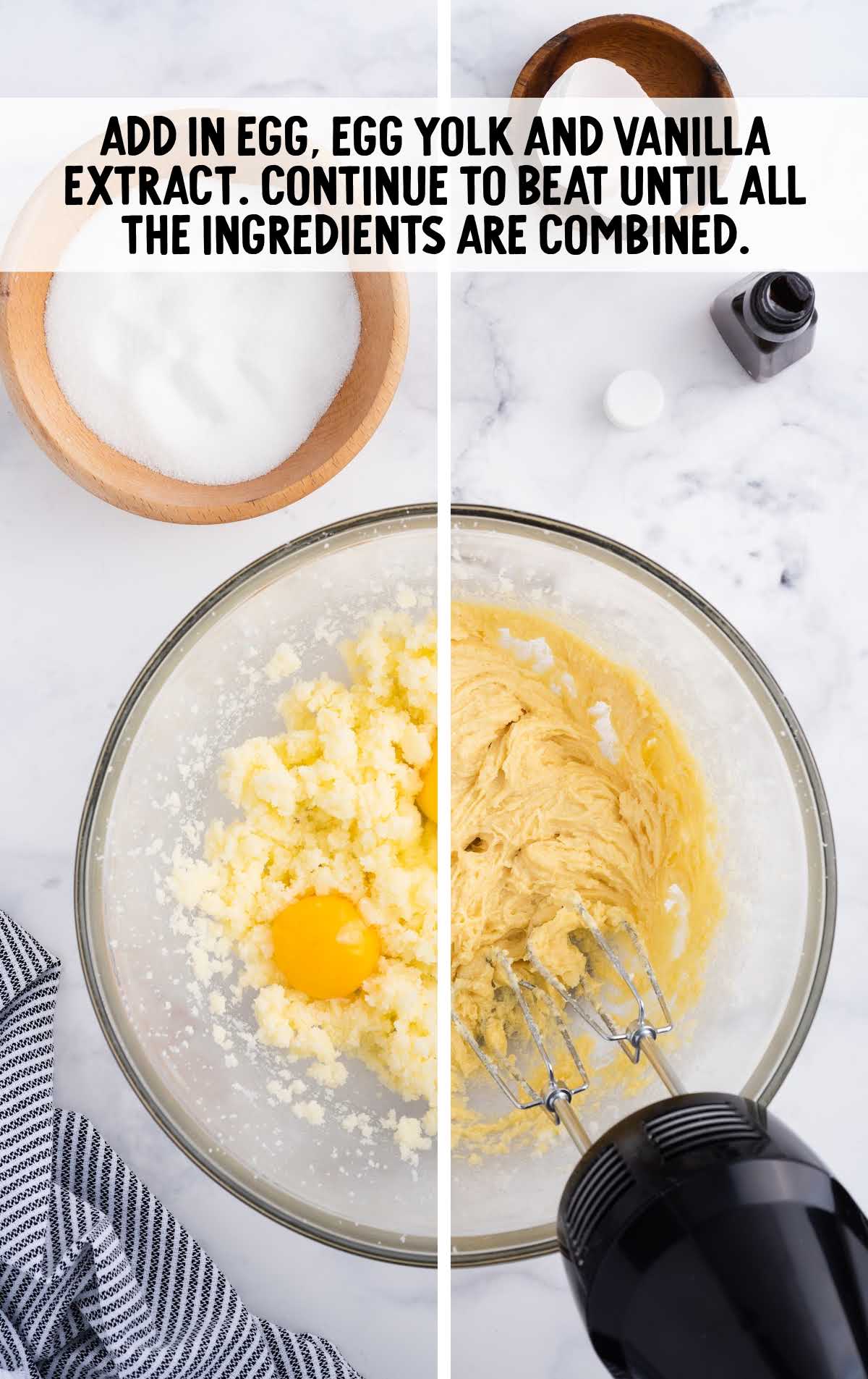 egg, egg yolk, and vanilla whisked together in a bowl