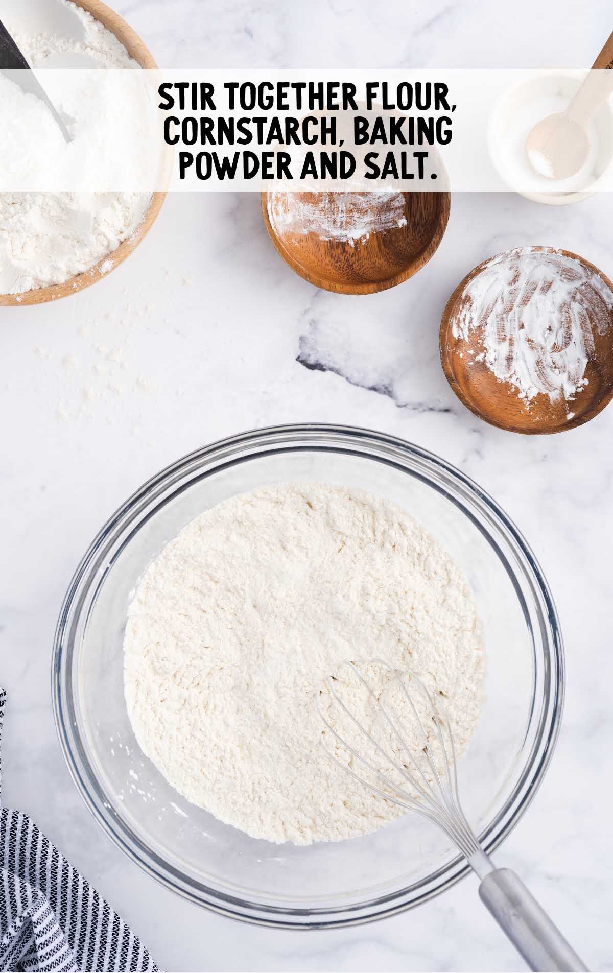 flour, cornstarch, baking powder, and salt whisked together in a bowl