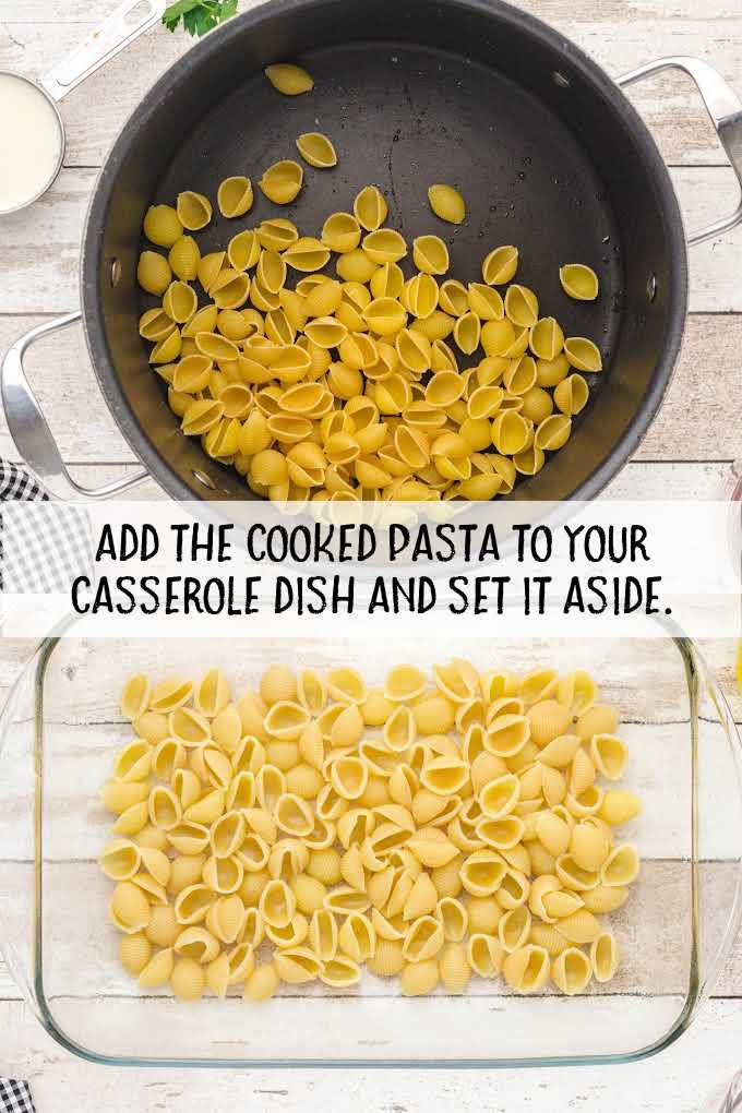 cooked pasta added to a baking dish