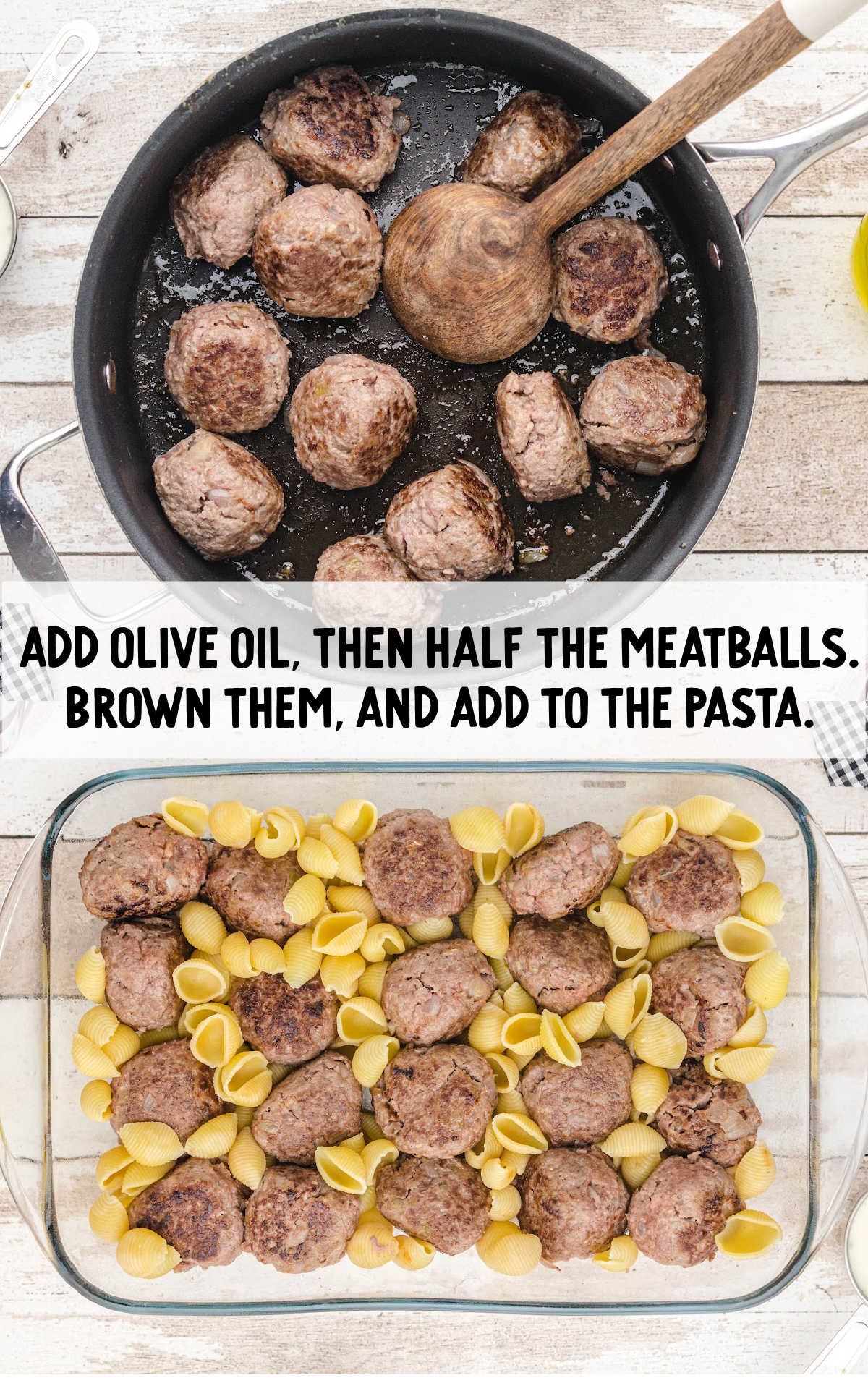 cooked meatballs added to a baking dish of cooked pasta