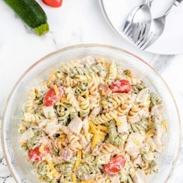 overhead shot of chicken bacon ranch pasta salad with ranch dressing in a bowl