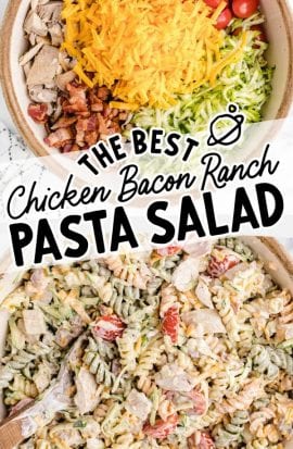 overhead shot of chicken bacon ranch pasta salad with ranch dressing in a bowl