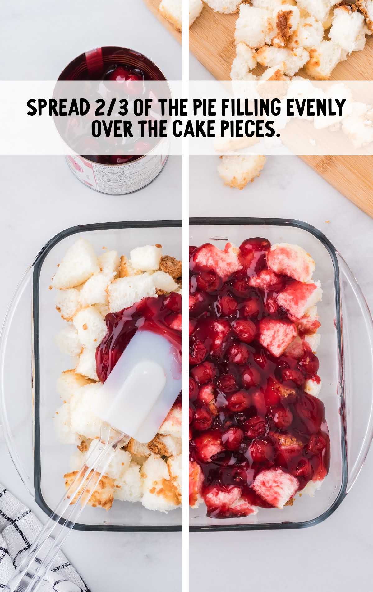 cherry pie filling spread over cake pieces in a dish