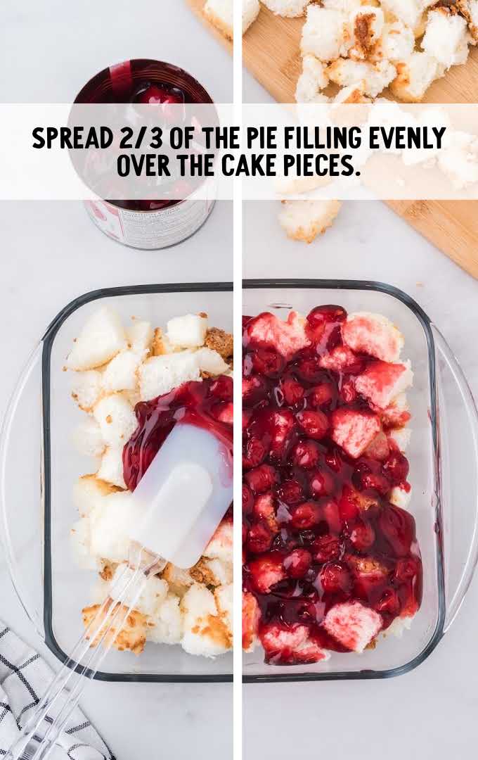 cherry pie filling spread over cake pieces in a dish