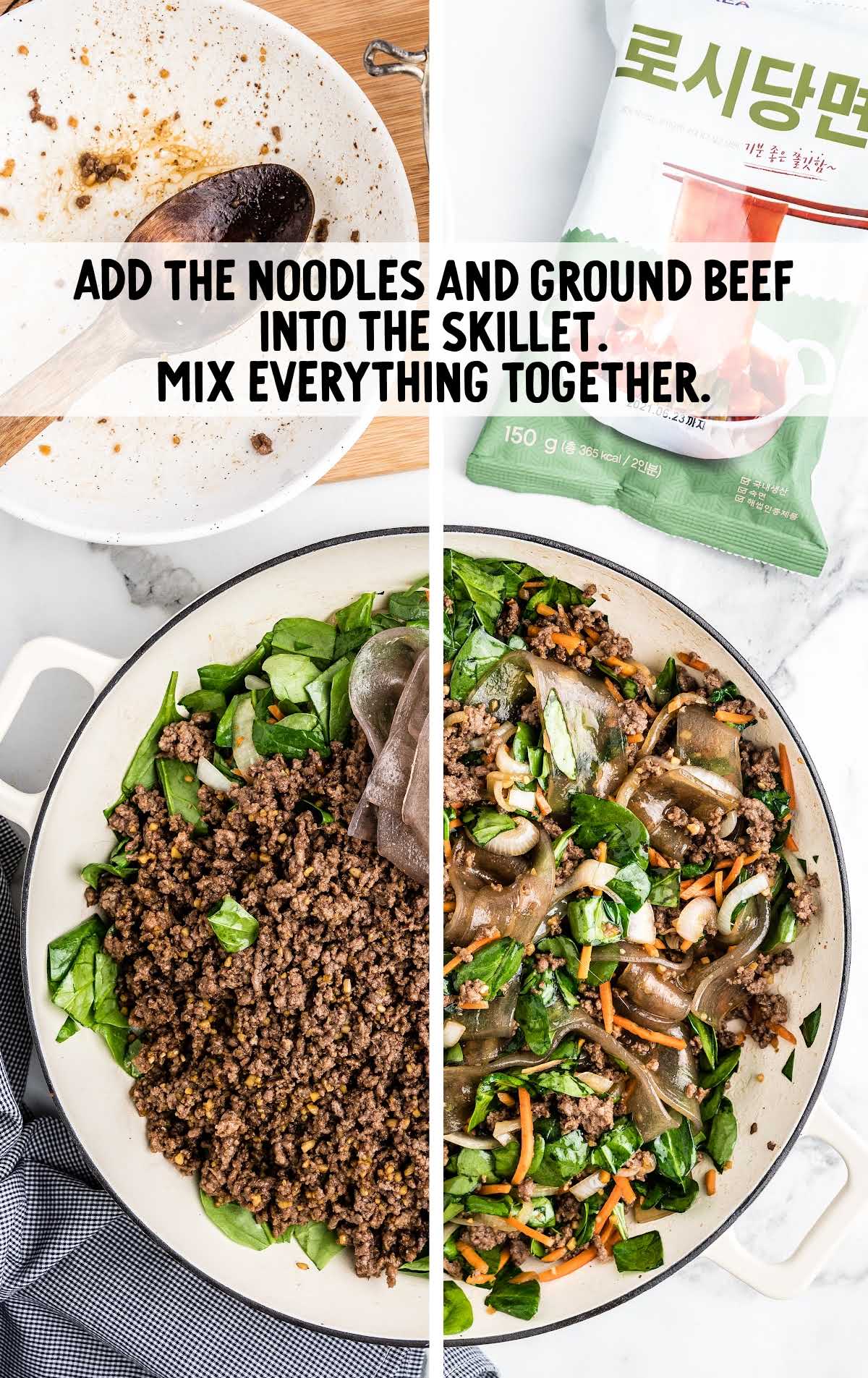 noodles and beef added into a skillet