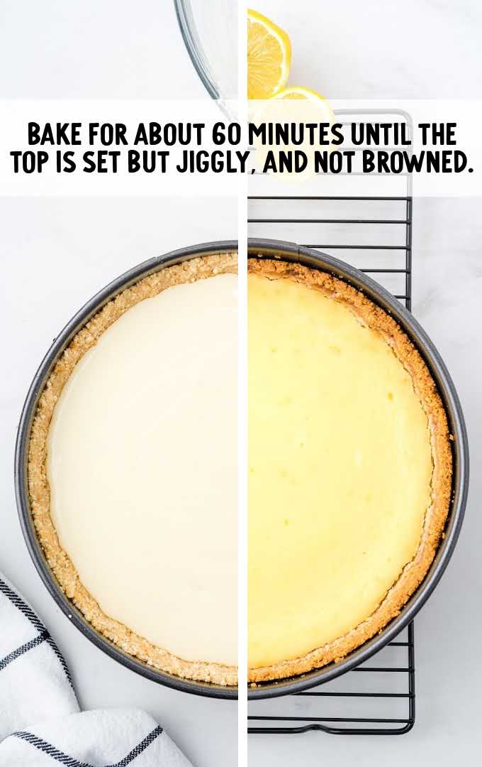 lemon cheesecake process shot of before and after cheesecake is baked in a pan
