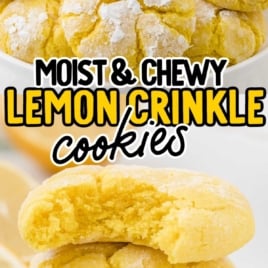 close up shot of lemon crinkle cookies in a bowl and stacked on top of each other