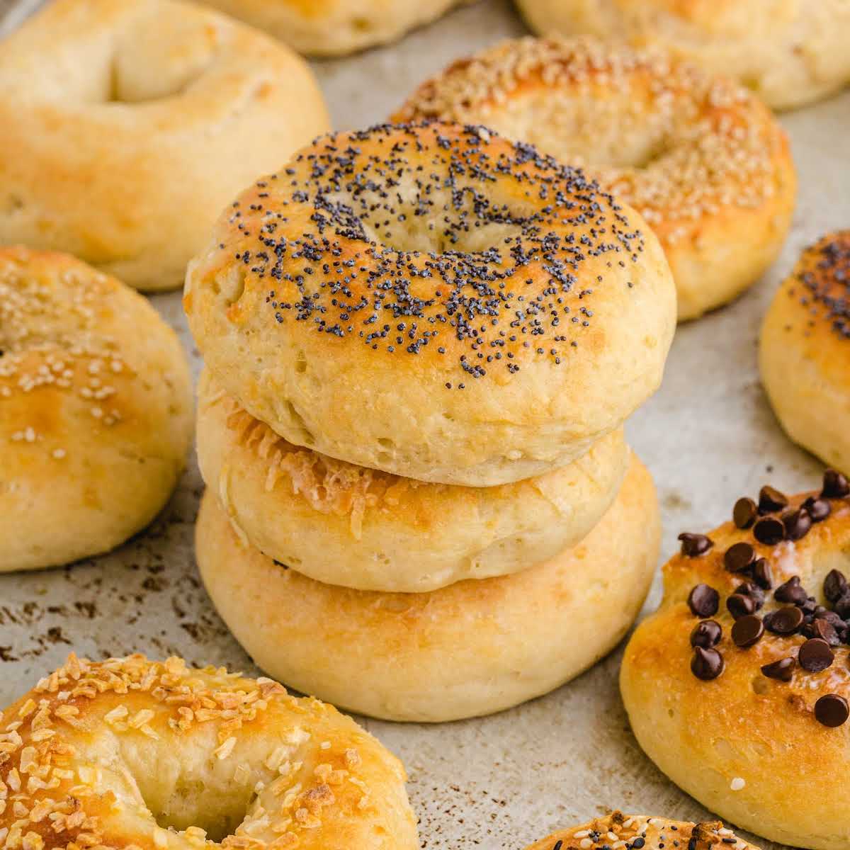 close up shot of a bunch of bagels with some stacked on top of each other
