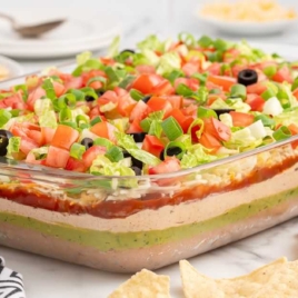 a baking dish of 7 Layer Dip