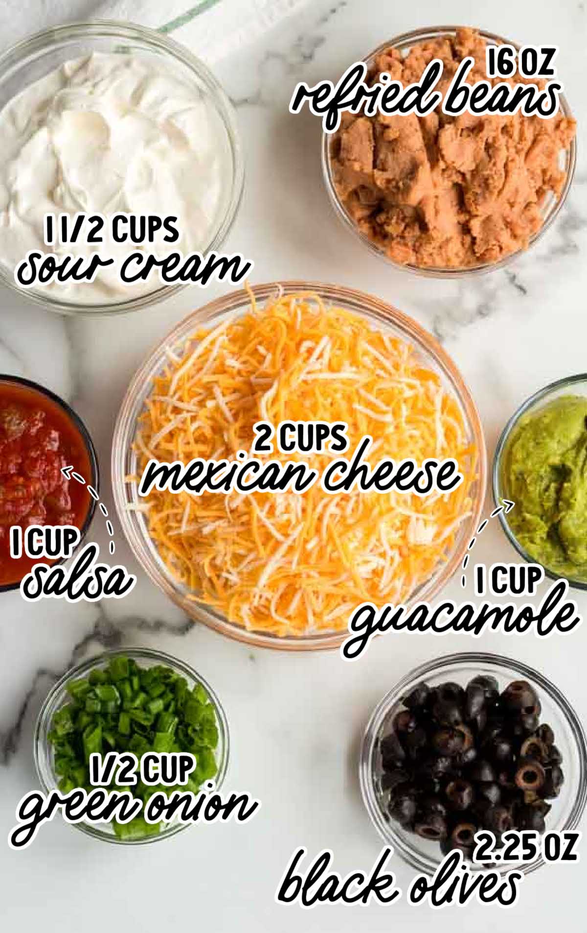 seven layer dip raw ingredients that are labeled