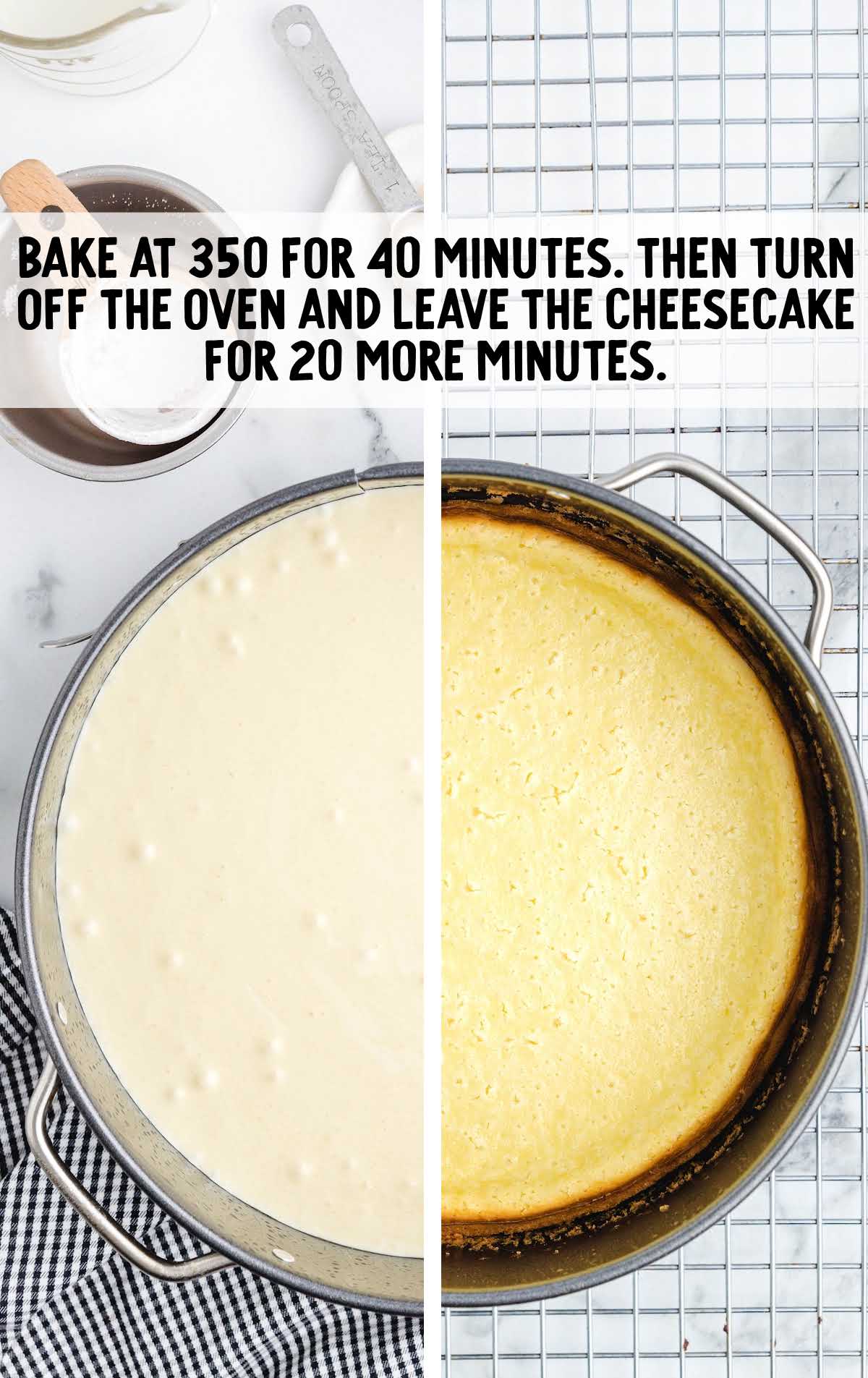 Split view showing raw and baked cheesecake in a springform pan, resting on a cooling rack.